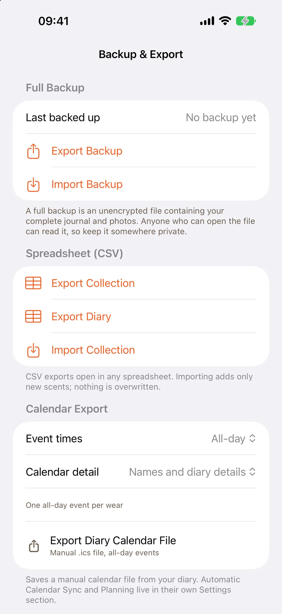 Backup and Export showing Full Backup, Spreadsheet, and Calendar Export sections.