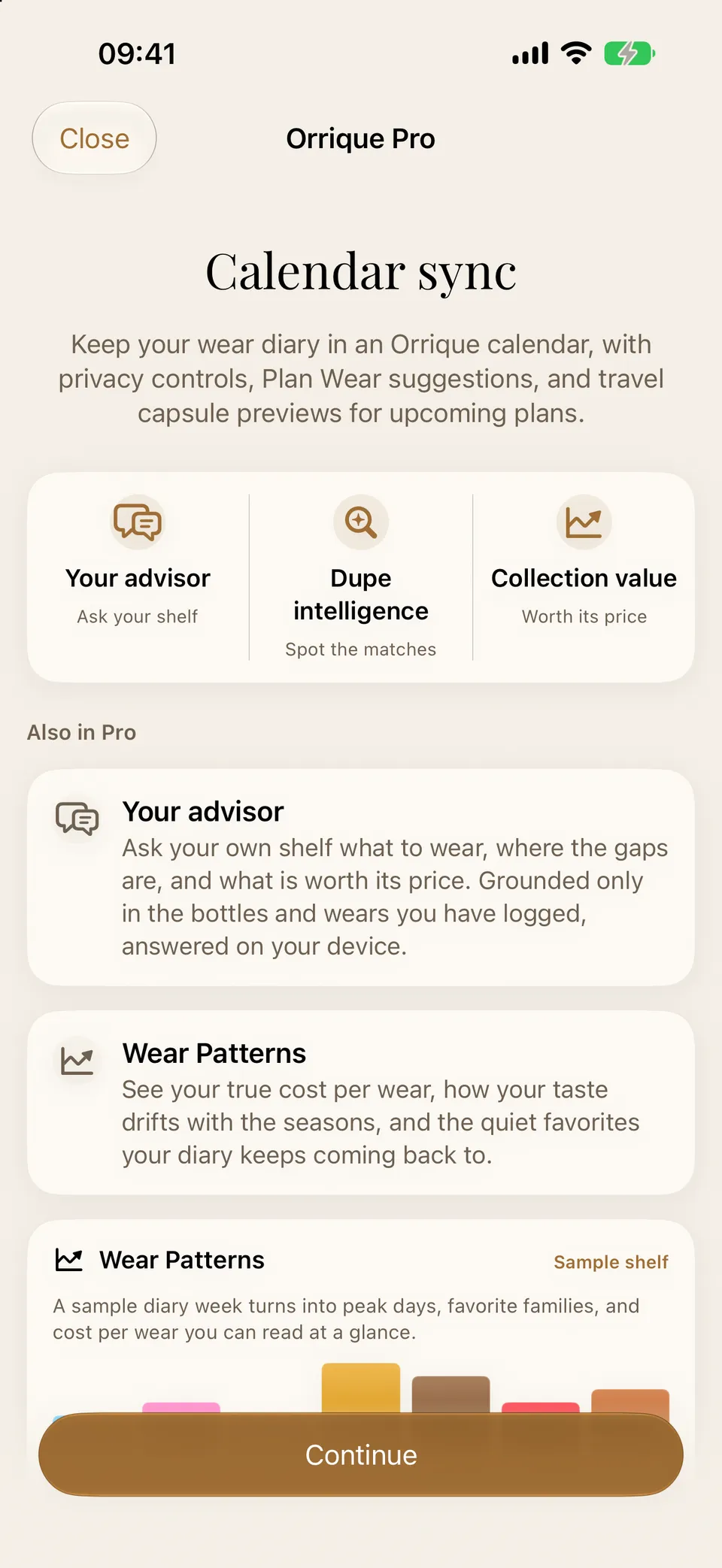 Orrique Pro subscription screen showing plan choices, purchase terms, and Restore Purchases.