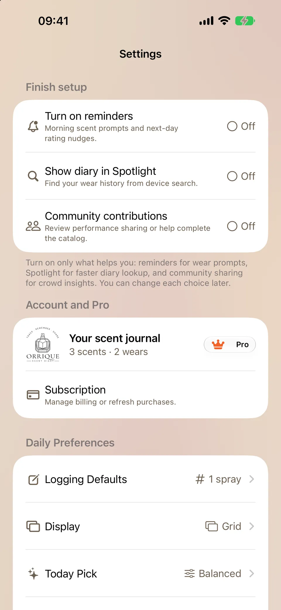 Orrique Settings showing Account and Pro, Daily Preferences, and the start of Data and Planning.