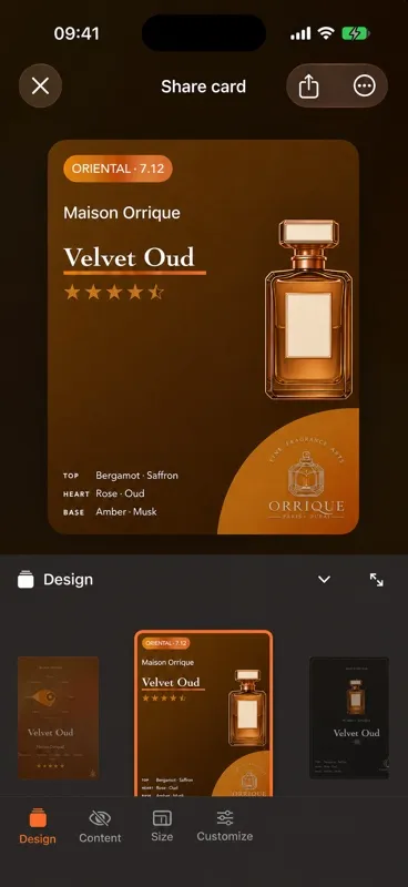 Share Studio on iPhone showing a Velvet Oud card and three previews with the Design tool selected.