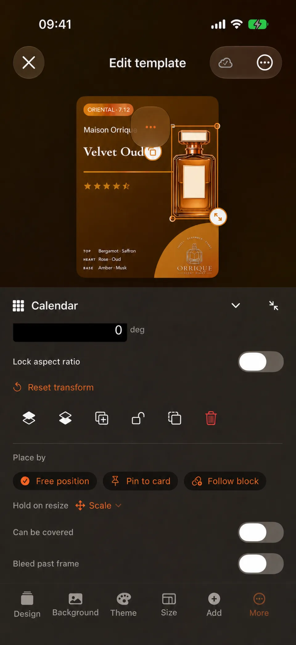 Share Studio Pro on iPhone with a selected rating block and controls for position, pinning, resizing, layers, and deletion.