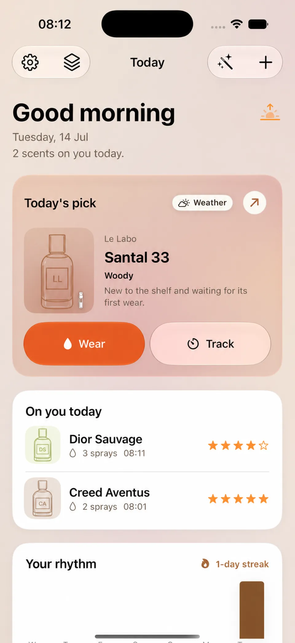 Today screen showing Santal 33 as Today's Pick with Wear and Track buttons, recent wears, and a rhythm card.